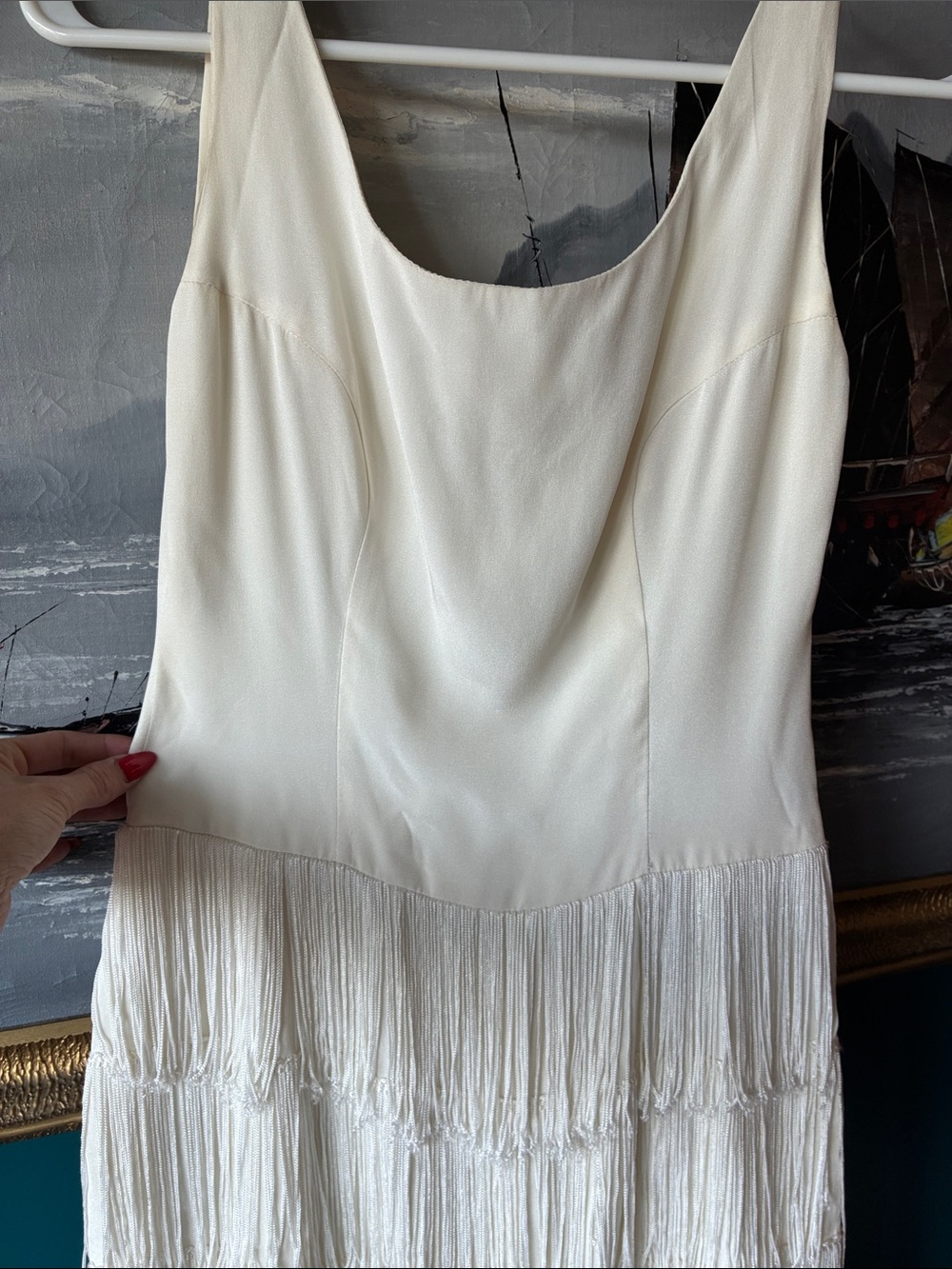 Vintage Original Jr. Theme Ivory Fringe Cocktail Dress | modern Bridal | - Picture 5 of 13